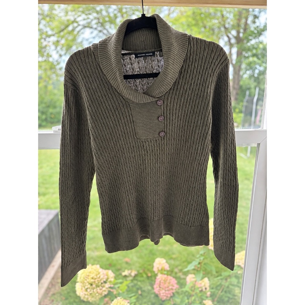 Jeanne Pierre Shawl Collar Sweater Womens Large Olive Green Cotton Cable Knit